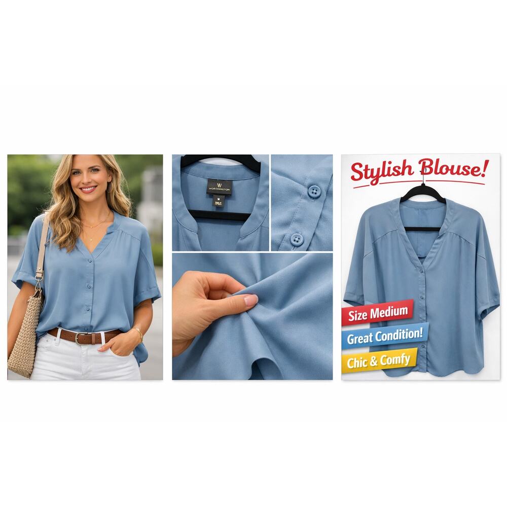 Westbound Medium Blue Blouse Button Front VNeck F… - image 3